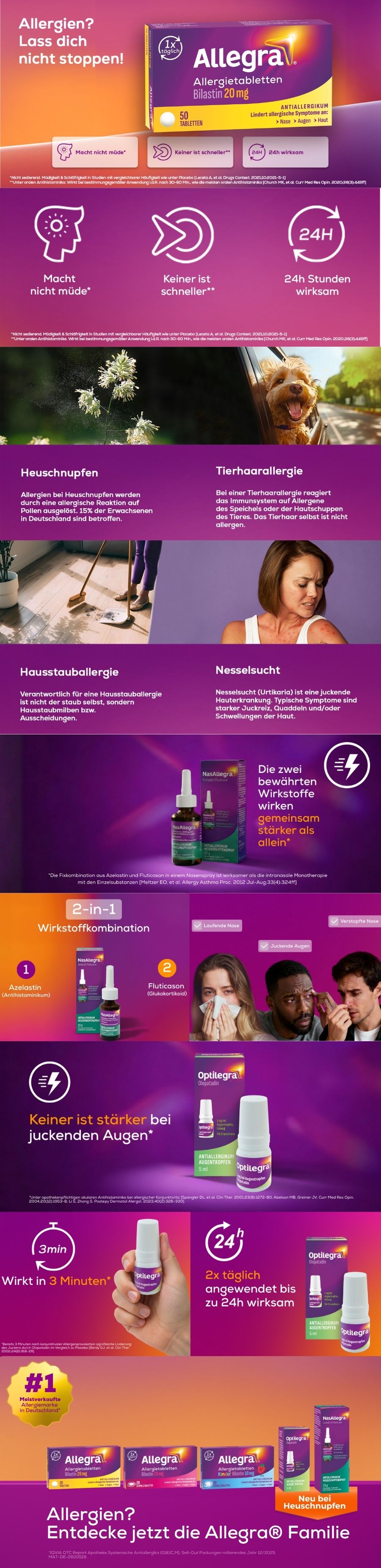 Produktübersicht: Allegra Tabletten, NasAllegra Heuschnupfenspray, Optilegra Augentropfen.